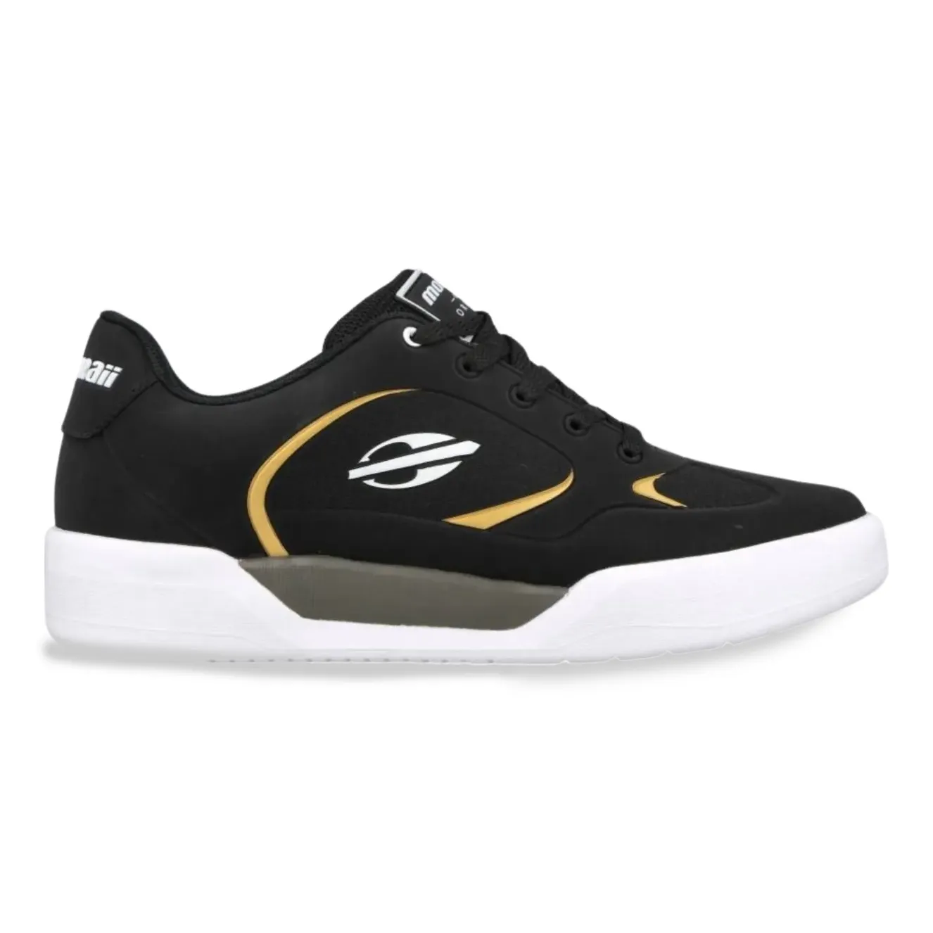 Tênis Mormaii Cloud masculino preto com detalhes em ouro e branco, fechamento por cadarço e solado branco antiderrapante.